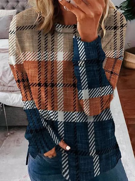 

Plaid Crew Neck Casual Loose Sweatshirt, Brown, Hoodies&Sweatshirts