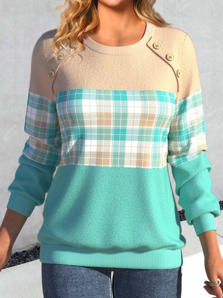 

Crew Neck Casual Buckle Knitted Sweatshirt, Green, Sweatshirts & Hoodies