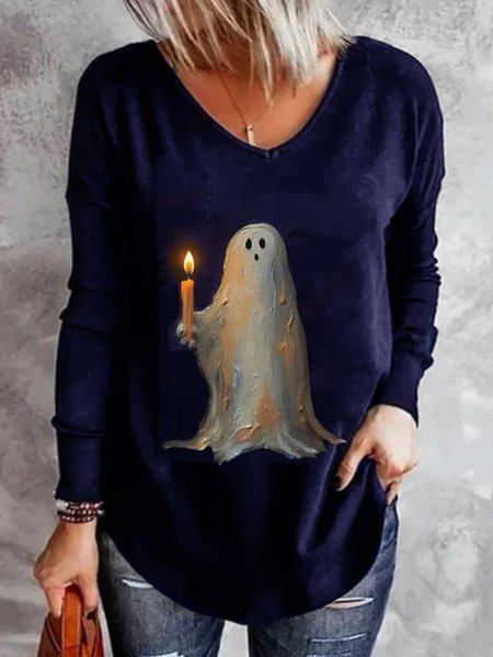 

Plus Size Casual Halloween Loose V Neck T-Shirt, Blue, Long sleeves