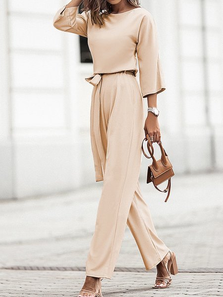 

Casual Plain Two-Piece Set With Belt, Light khaki, Suit Set