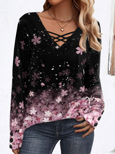 

Floral V Neck Casual T-Shirt, Black, T-Shirts