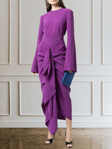 

Long Sleeve Crew Neck Elegant Regular Fit Dress, Purple, Maxi Dresses