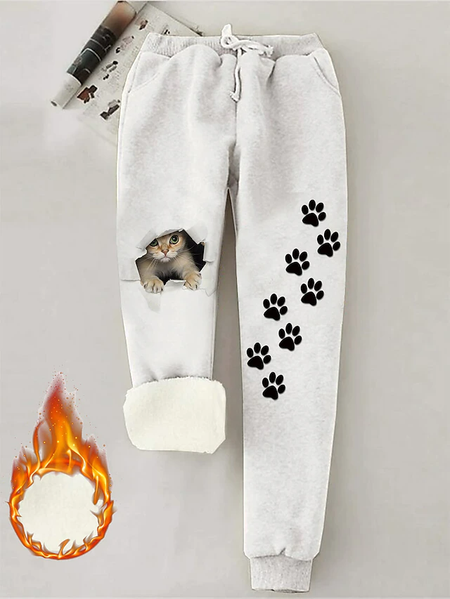 

Regular Fit Fluff/Granular Fleece Fabric Casual Cat Pants, White, Pants