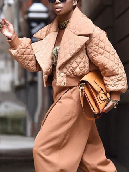 

Lapel Collar Urban Plain Loose Padded Jacket, Brown, Padded Jackets