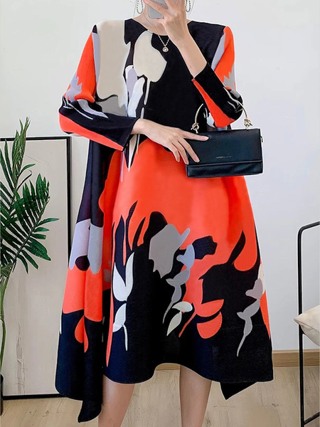 Abstract Loose Long Sleeve Crew Neck Elegant Short Dress, As picture, Mini Dresses