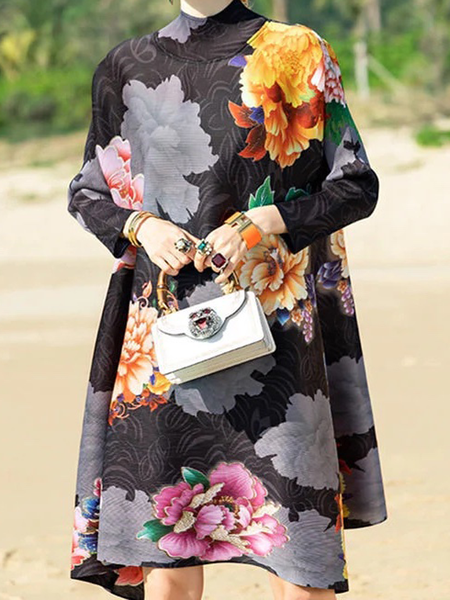 

Elegant Floral Loose Stand Collar Long Sleeve Short Dress, Black, Mini Dresses