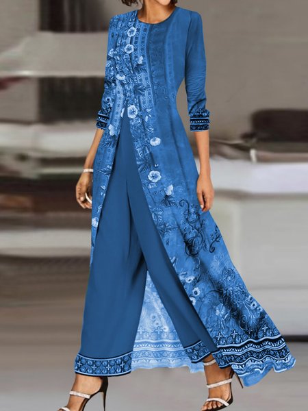 

Women Floral Crew Neck Long Sleeve Comfy Casual Top With Pants Two-Piece Set, Blue, Sets
