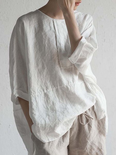

JFN Cotton & Linen Crew Neck Loose Casual Shirt, White, Shirts & Blouses