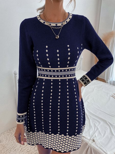 

Ethnic Geometry Regular Fit Elegant Crew Neck Dress, Dark blue, Dresses
