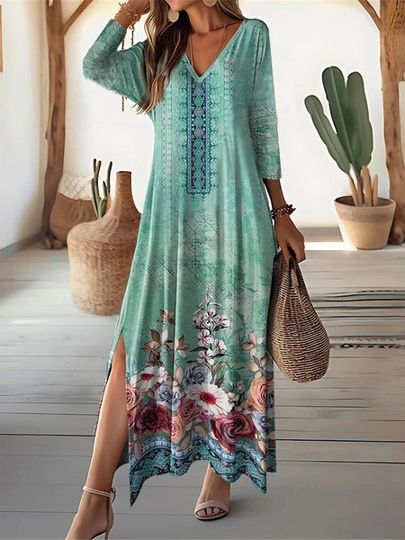 

Floral V Neck Casual Dress, Green, Dresses