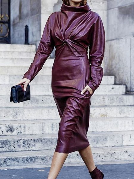 

Long Sleeve Regular Fit Urban Shawl Collar Leather Dress, Crimson, Midi Dresses