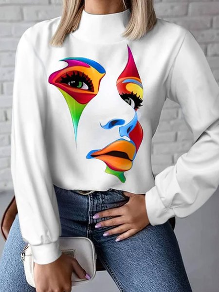 

Urban Stand Collar Figure Print Loose T-Shirt, White, Tees