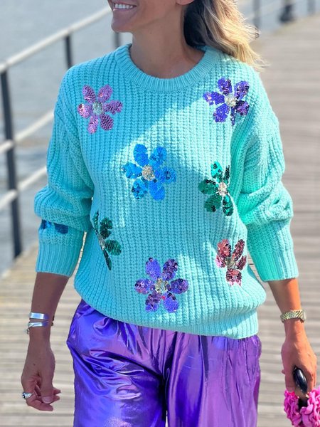 

Crew Neck Casual Glitter Floral Long Sleeve Sweater, Blue, Pullovers