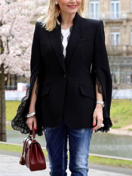 

Urban Lapel Collar Loose Plain Blazer, Black, Blazers