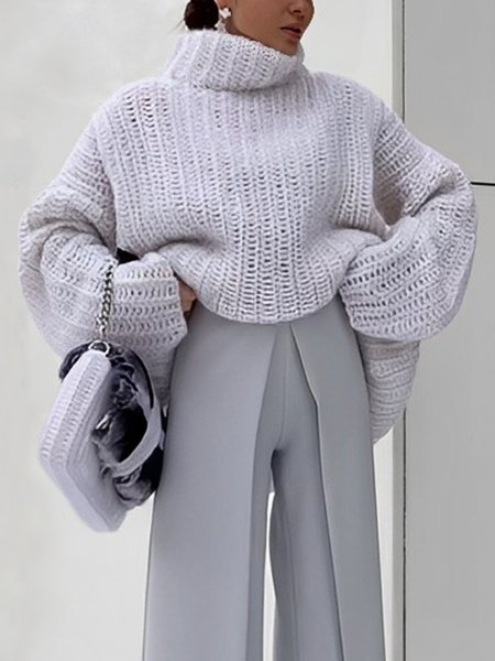 

Urban Loose Turtleneck Plain Long Sleeve Sweater, Gray, Pullovers