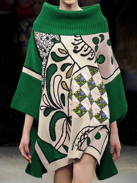 

Urban Abstract Loose Sweater Mini Dress With No Belt, Green, Mini Dresses