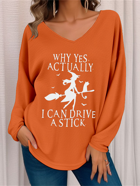 

Jersey V Neck Casual Halloween T-Shirt, Orange, Long sleeves