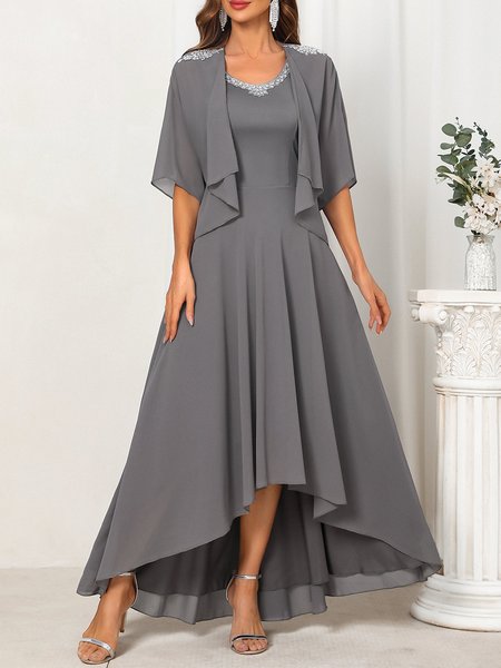 V Neck Elegant Two-Piece Set, Gray, Party Dresses