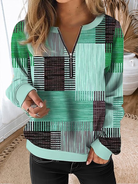 Casual Zipper Color Block V Neck Sweatshirt, Green, Hoodies&Sweatshirts