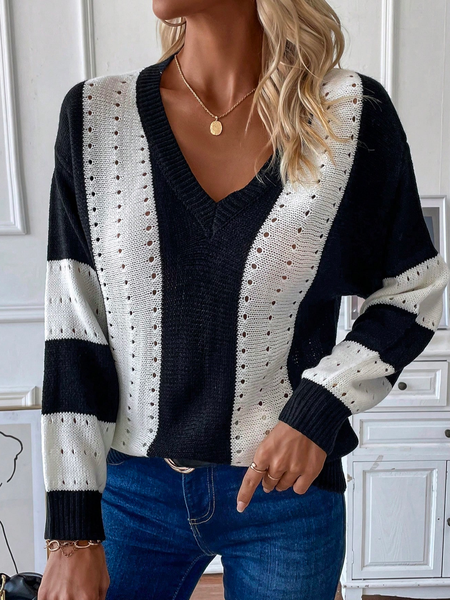 

Color Block Yarn/Wool Yarn Casual Color Block Pointelle Knit Drop Shoulder Sweater, Black, Sweaters