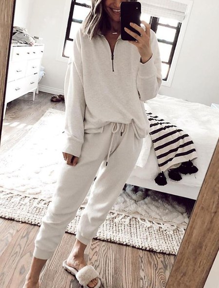

V Neck Loose Casual Plain Two-Piece Set, White, Suit Set