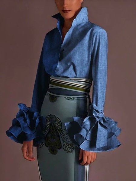 

Color Block Regular Fit Urban Shirt Collar Faux Denim Blouse, Blue, Blouses and Shirts