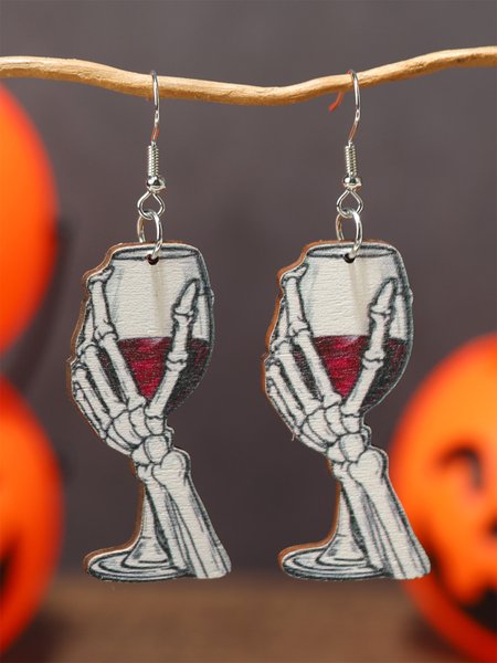 

Halloween Devil Hand Red Wine Glass Wooden Dangle Earrings, As picture, Earrings