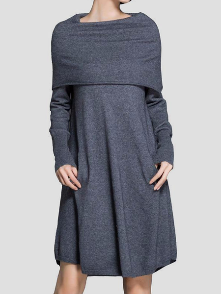 

High Elasticity Loose Long Sleeve Elegant Plain Others Sweater Dress, Gray, Midi Dresses