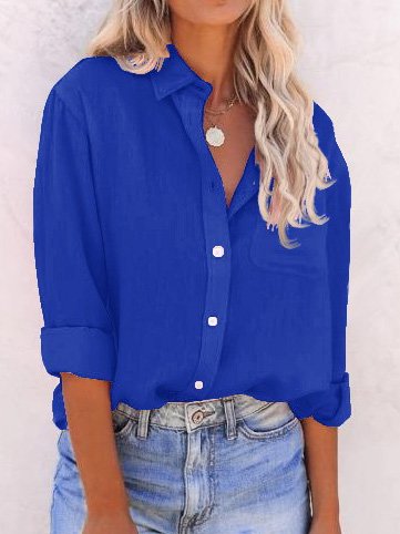 

Cotton-Blend Loose Casual Shirt Collar Blouse, Blue, Blouses & Shirts