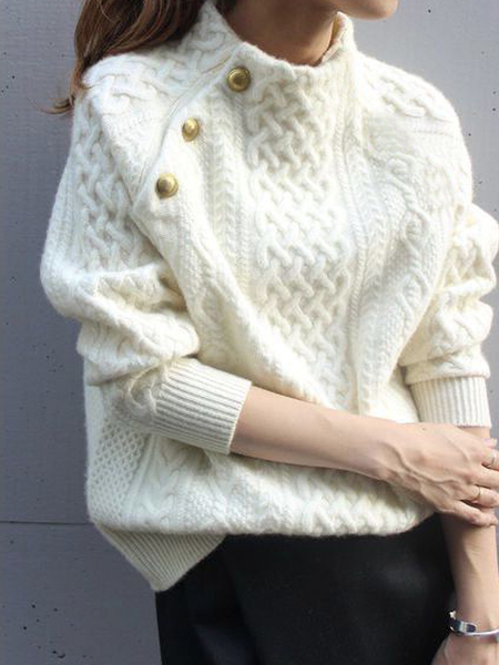Medium Elasticity Urban Loose Stand Collar Long Sleeve Sweater, Off white, Pullovers