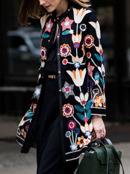 

Crew Neck Elegant Floral Long Sleeve Jacket, Black, Jackets