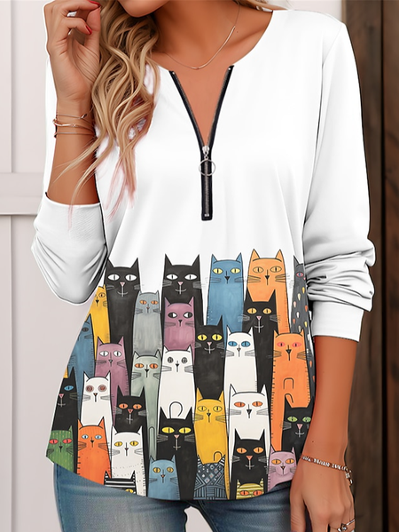 

Zipper Casual Regular Fit Cat T-Shirt, White, T-Shirts