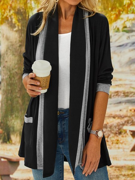 

Color Block Casual Loose Pocket Stitching Kimono, Black, Cardigans