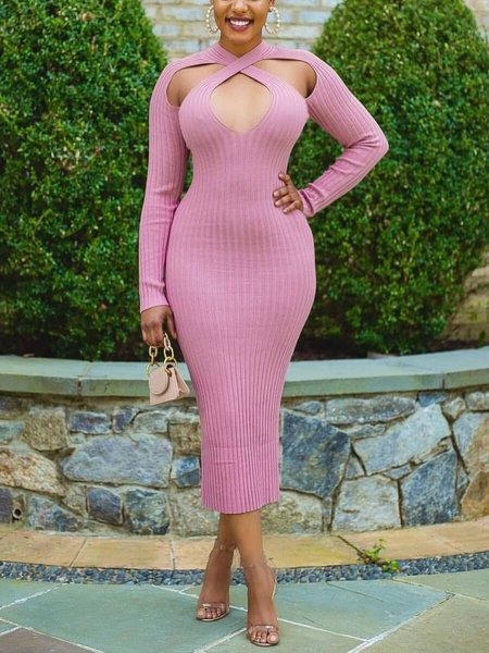 

Elegant Cross Neck Plain Long Sleeve Sweater Midi Dress With No Belt, Pink, Midi Dresses