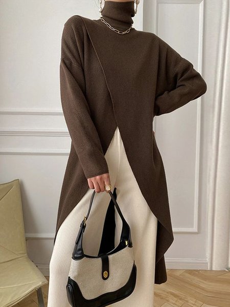 

Plain Urban Turtleneck Split Asymmetrical Sweater, Brown, Pullovers