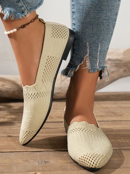 

Casual Breathable Hollow Out Pointed Toe Slip On Shoes, Beige, Flats