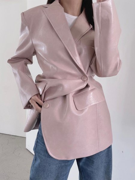 

Urban Regular Fit Lapel Collar Long Sleeve Leather Coat, Pink, Jackets