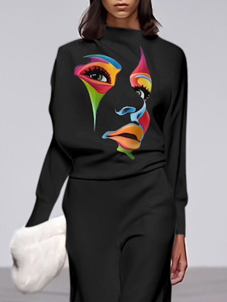 

Figure Print Long Sleeve Urban Stand Collar Shirt, Black, Blouses and Shirts