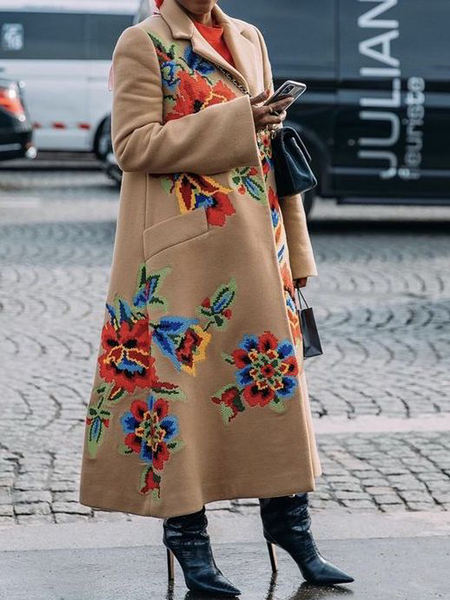 

Floral Urban Loose Lapel Collar Long Sleeve Long Coat, Khaki, Coats
