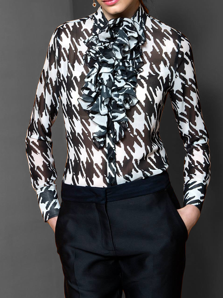 

Elegant Regular Fit Geometric Shirt Collar Long Sleeve Blouse, Black, Blouses and Shirts