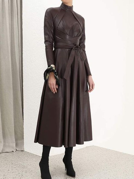 

Micro-Elasticity Pu Elegant Stand Collar Long Sleeve Faux Leather Maxi Dress With Belt, As picture, Midi Dresses
