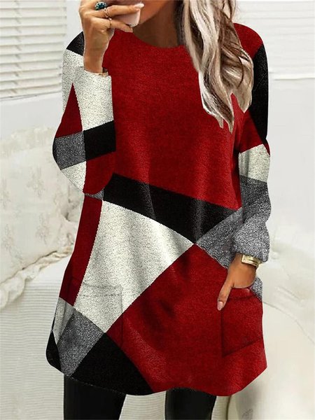 

Casual Multicolor Block Pocket Stitching Dress, Red, Dresses
