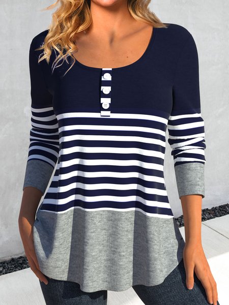 Striped Crew Neck Casual Loose T-Shirt, Blue, T-Shirts
