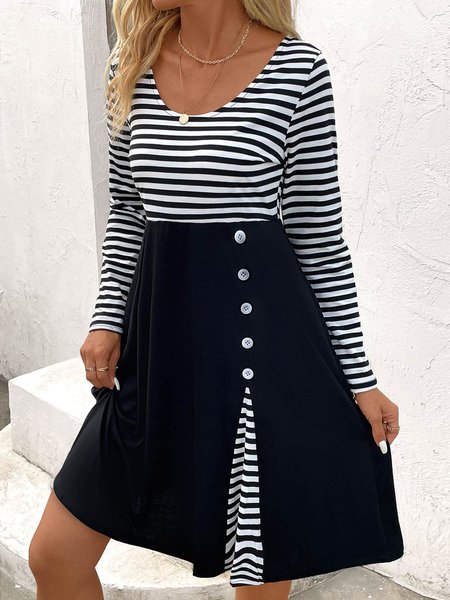 

Buttoned Striped Casual Regular Fit Dress, Black, Dresses