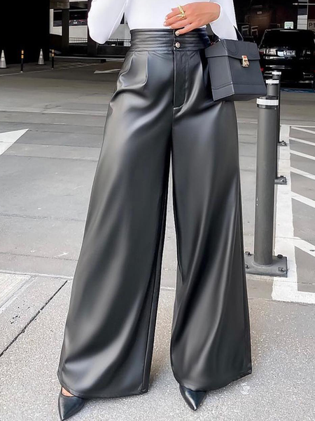 

Loose Pu Urban Leather Long Pants Wide leg pants, Black, Pants