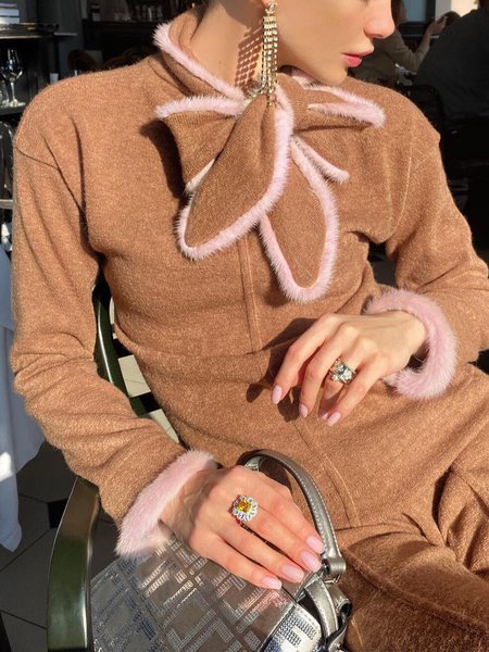 

Color Block Regular Fit Bow Elegant Sweater, Brown, Pullovers
