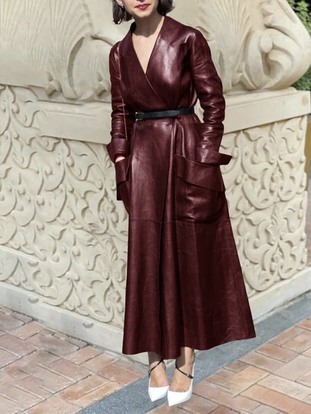

Long Sleeve Plain Urban Pu Regular Fit Leather Dress, Crimson, Maxi Dresses