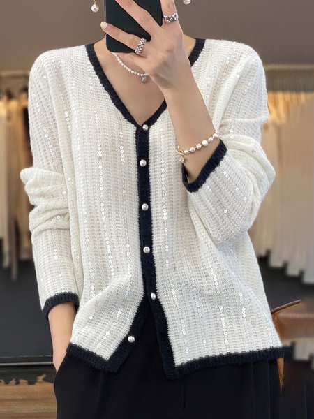 

Long Sleeve Color Block Acrylic Elegant Cardigan, White, Cardigans