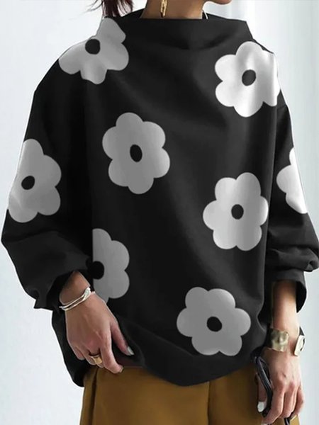 

Casual Floral Stand Collar Loose Shirt, Black, Blouses and Shirts