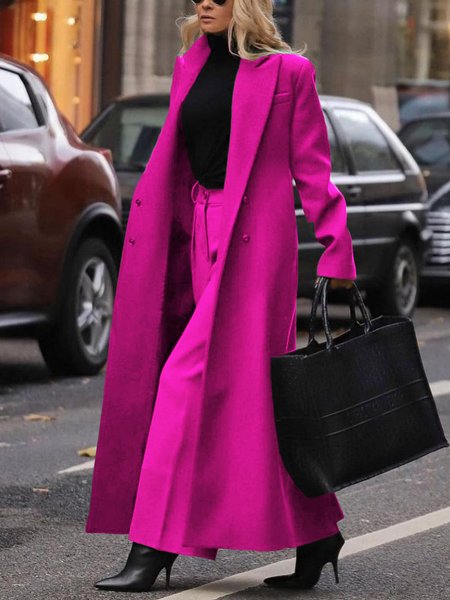 

Lapel Collar Loose Urban Plain Long Sleeve Coat, Deep pink, Coats
